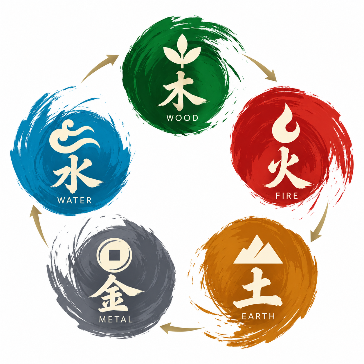 五行相生:木生火、火生土、土生金、金生水、水生木